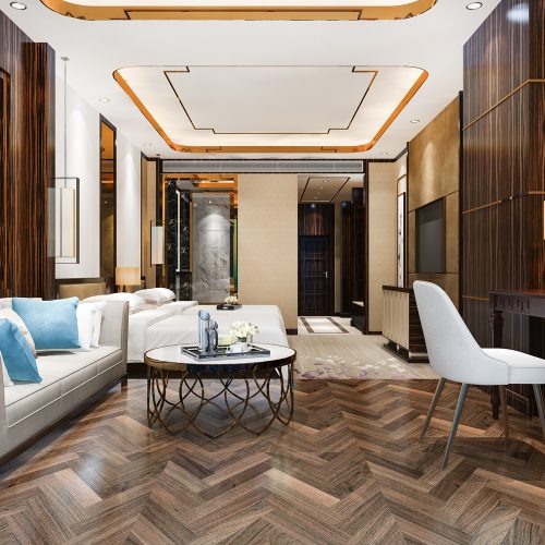 3d rendering beautiful luxury bedroom suite in hotel with tv and working table